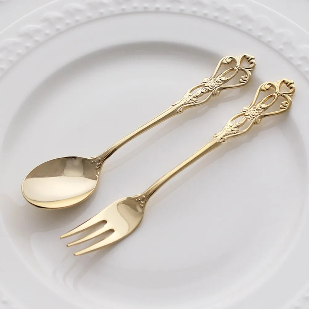 1 Pair Vintage Gold Spoon Fork Cutlery Set Stainless Steel Luxury Dessert Spoon Outdoor Tableware Camping Cooking Supplies