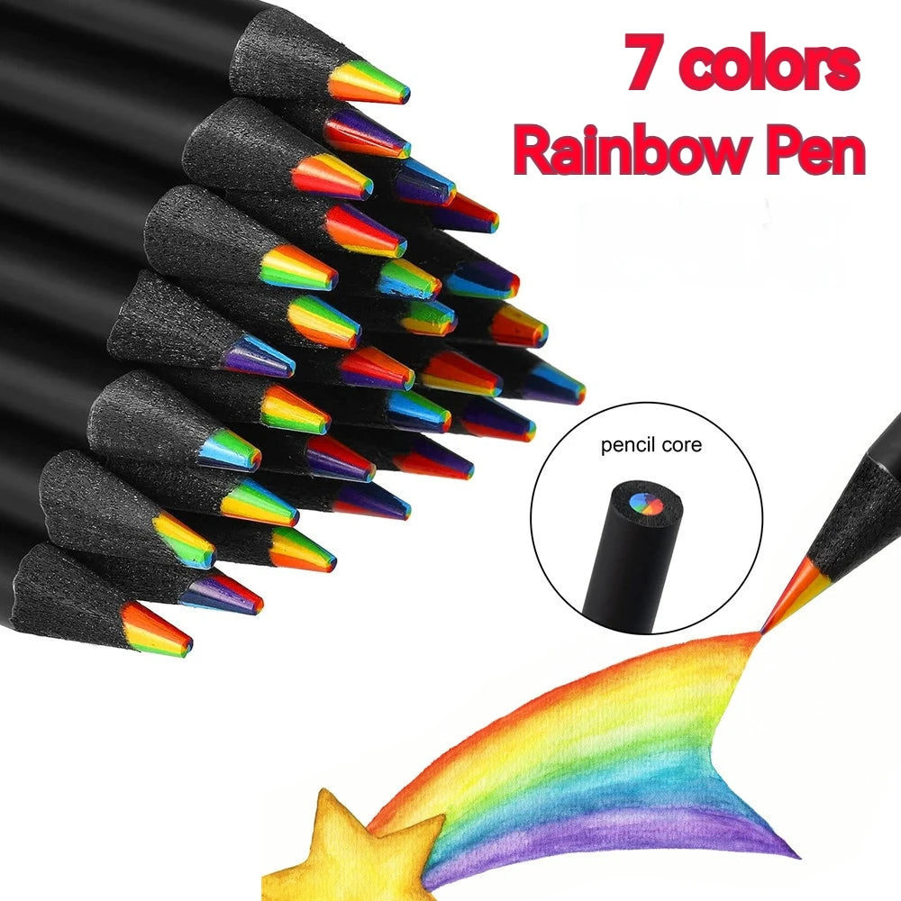 10 Pcs 7-in-1 Rainbow Colored Black Wood Pencils for Sketching Doodling Coloring Painting - Assorted Colors