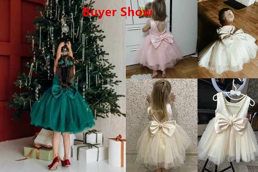 Flower Girl Dresses for Wedding Kids Backless Tulle Tutu  Princess Prom Party Clothes Baby 1st Birthday Baptism White Dress