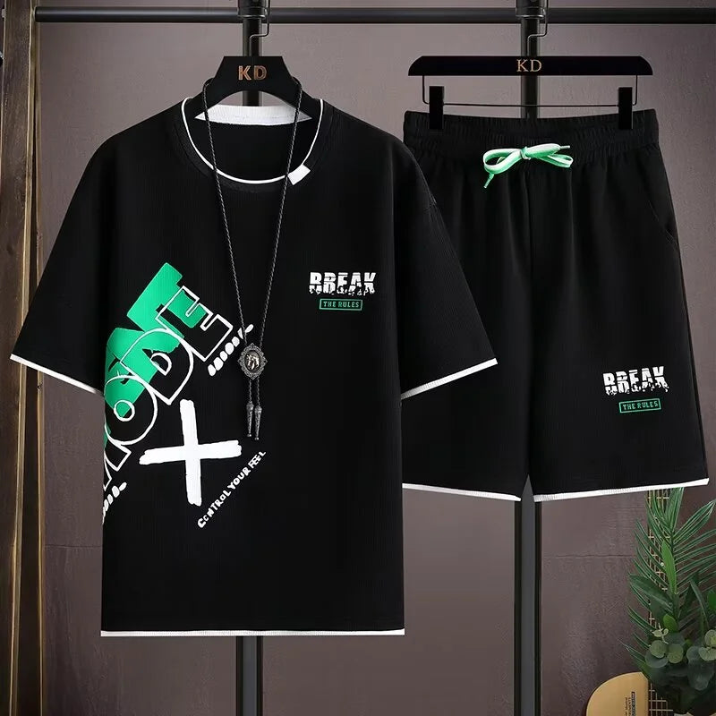 Summer Casual Short Sleeved Set Trendy Loose Five Inch T-shirt Plus Size Men's Outfit Complete Set with Matching