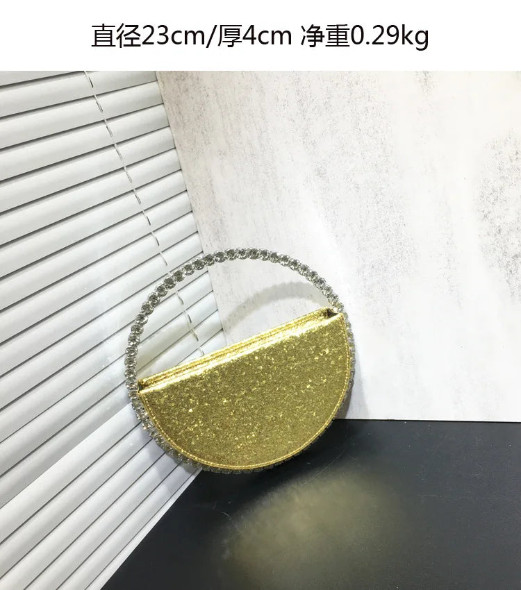 Lady Blue/Pink Diamond Circular Evening Bag Women Fushia Round Handle Rhinestone Dinner Clutch Purse Ladies Half Moon Handbags