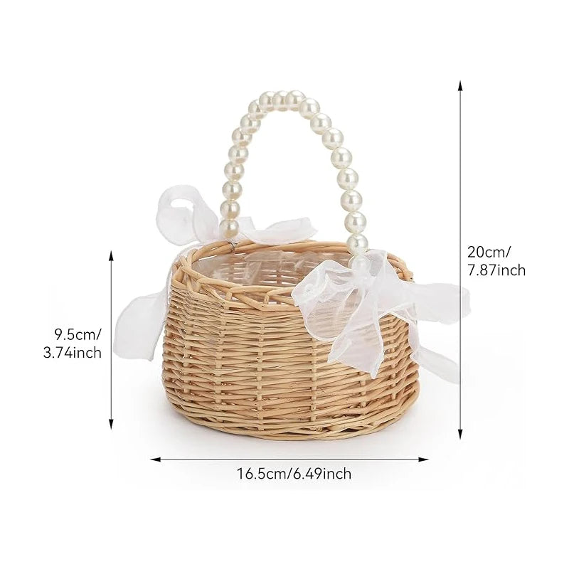 One wicker rattan flower child Basket with Pearl handle and bow Hand woven Easter basket Wicker basket for Weddings (brown)