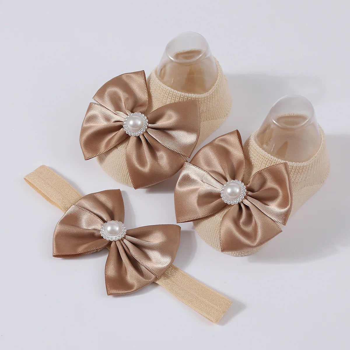 1Set New Baby Pearl Bowknot Headbands Socks Newborn Toddler Soft Prewalker Sock Girl Infant Cute Knitted Cotton Hairband Socks