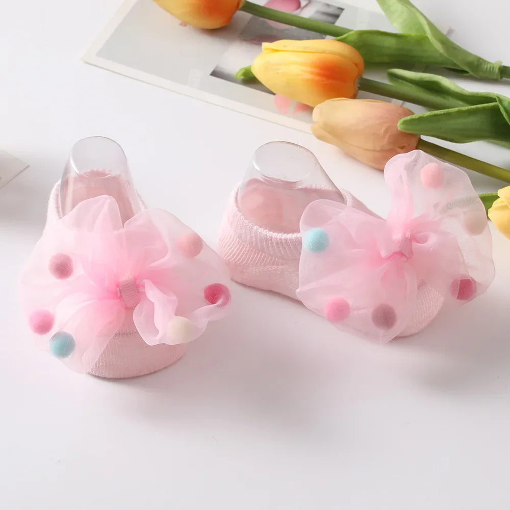 Baby Girl Home Short Socks Lace Bow Infant Anti Slip Trampoline Socks Newborn Princess Ankle Socks Children Floor Shoes