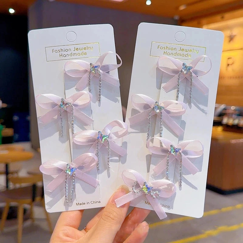 4PCS/Set Shiny Rhinestone Chains Bow Hair Clips New Sweet Girl Tassel Sided Clips Korean Barrettes Kids Headwear Hair Accessory