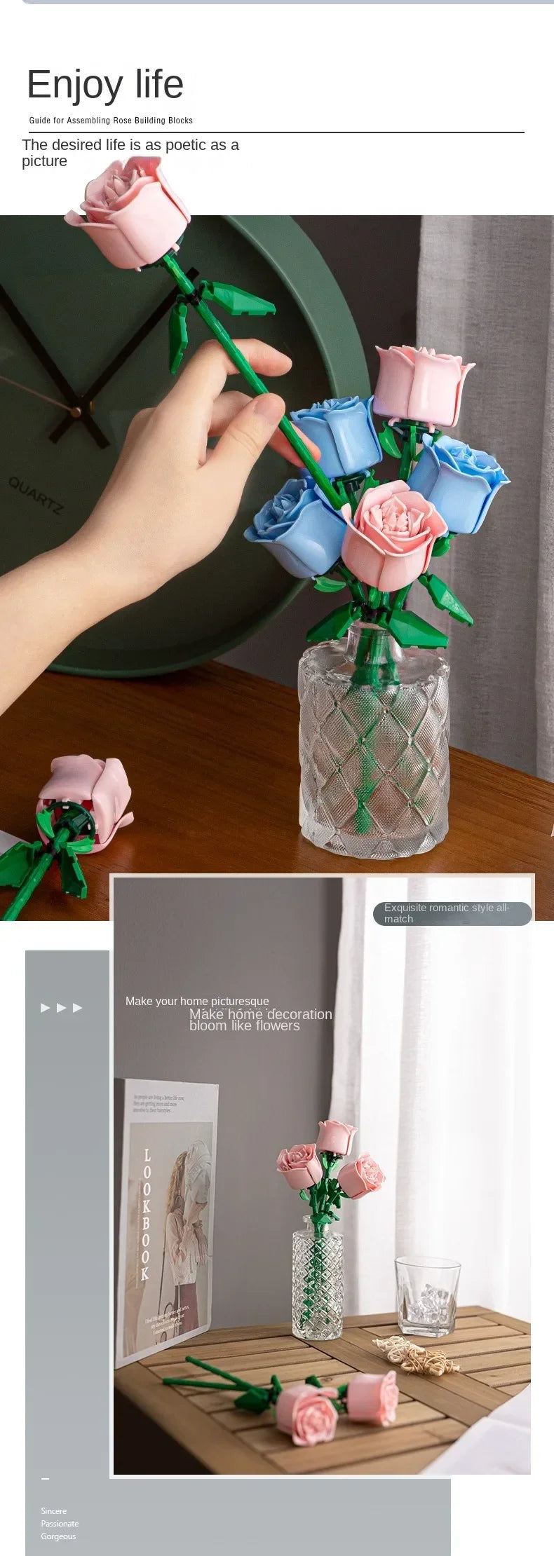 Romantic Rose Flower Bouquet Building Block Eternal Model Assembly Plastic Plant Brick Home Decor Mother's Day Birthday R Gift