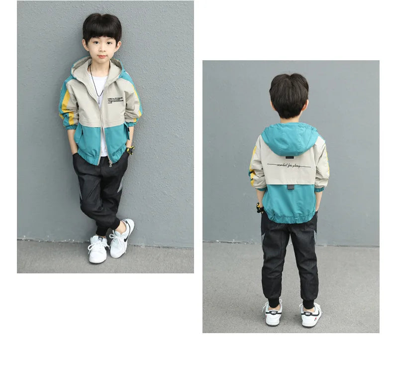 2025 New Splicing Boys Coat Spring Autumn Letter Printing Handsome Hooded Windbreak For 4-12 Years Kids Sports Leisure Outerwear
