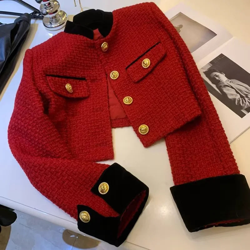 Fashion Stitching Tweed Short Jacket Women Autumn Winter Elegant Office Lady Coat Y2K Korean O Neck Single Breasted Crop Outwear