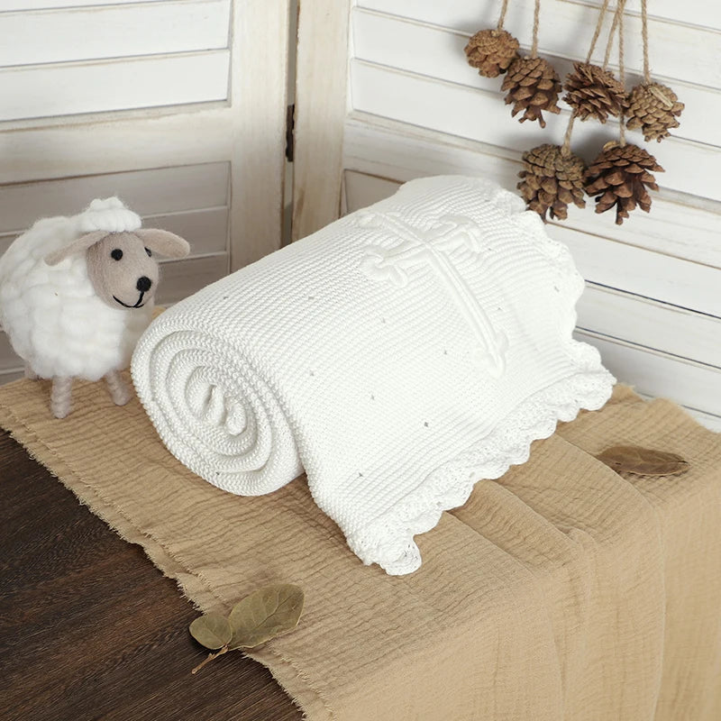 Baby Christening Blankets 100*80cm Cotton Soft Knit with Stitching Cross Newborn Boys Girls Swaddle Nursery Blanket Baptism Gift