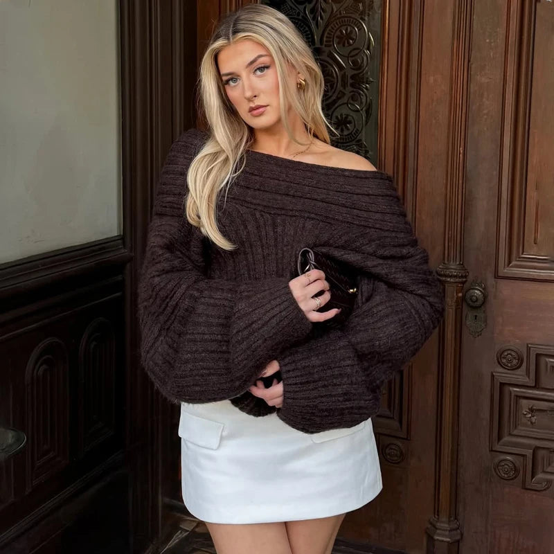 Tuularose Women's Off-Shoulder Sweater Fashion Loose Casual Brown Retro Pullover Spring High Street Office Lady Tops Knitwear