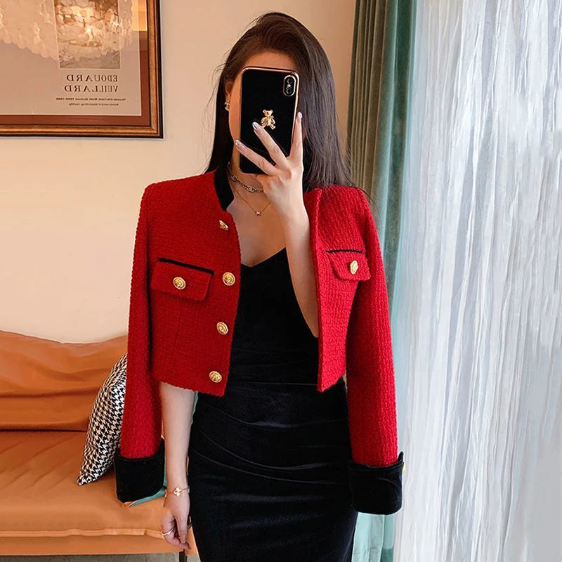Fashion Stitching Tweed Short Jacket Women Autumn Winter Elegant Office Lady Coat Y2K Korean O Neck Single Breasted Crop Outwear