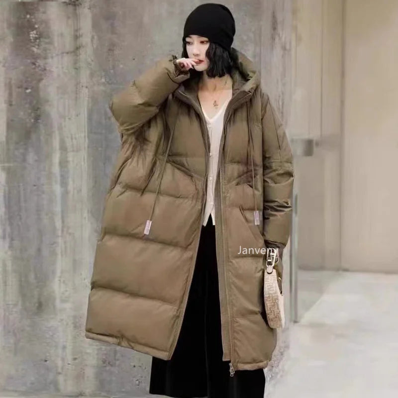 Janveny Women 90% White Duck Down Jacket With Hooded Loose Oversize Long Puffer Coat Autumn Winter Warm Outwear Female Parkas