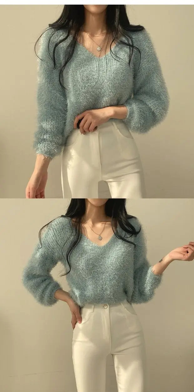 Women's Soft Cozy V-Ne Sweater Autumn Winter Faion Sweet Loose Fit Knitted Top Pink Color Trendy Ladies Sle Long Sve