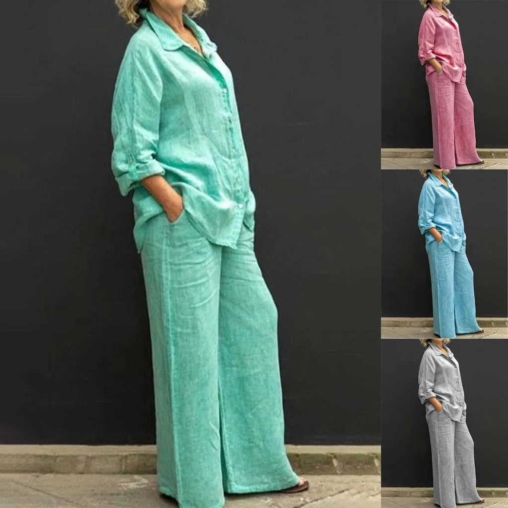 Solid Color Linen Two Piece Sets Women Outfits Spring Autumn Simple Long Sleeve Shirt Loose Trousets Set Office Casual Suit