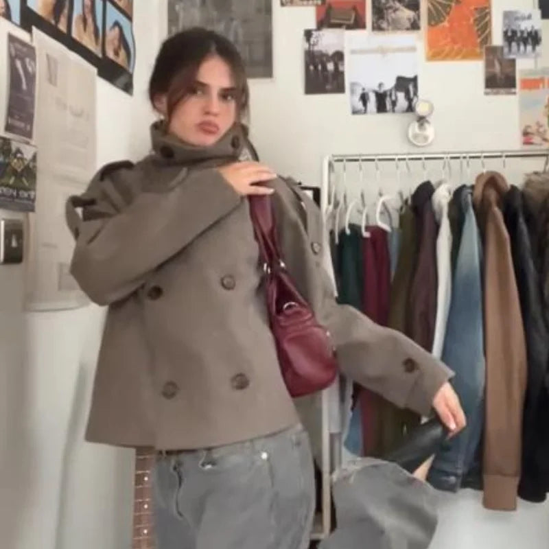 Elegant Women's Short Woolen Coats Stand Collar Double Breasted Long Sleeve Female Jacket 2025 Autumn Winter Lady Warm Outwear