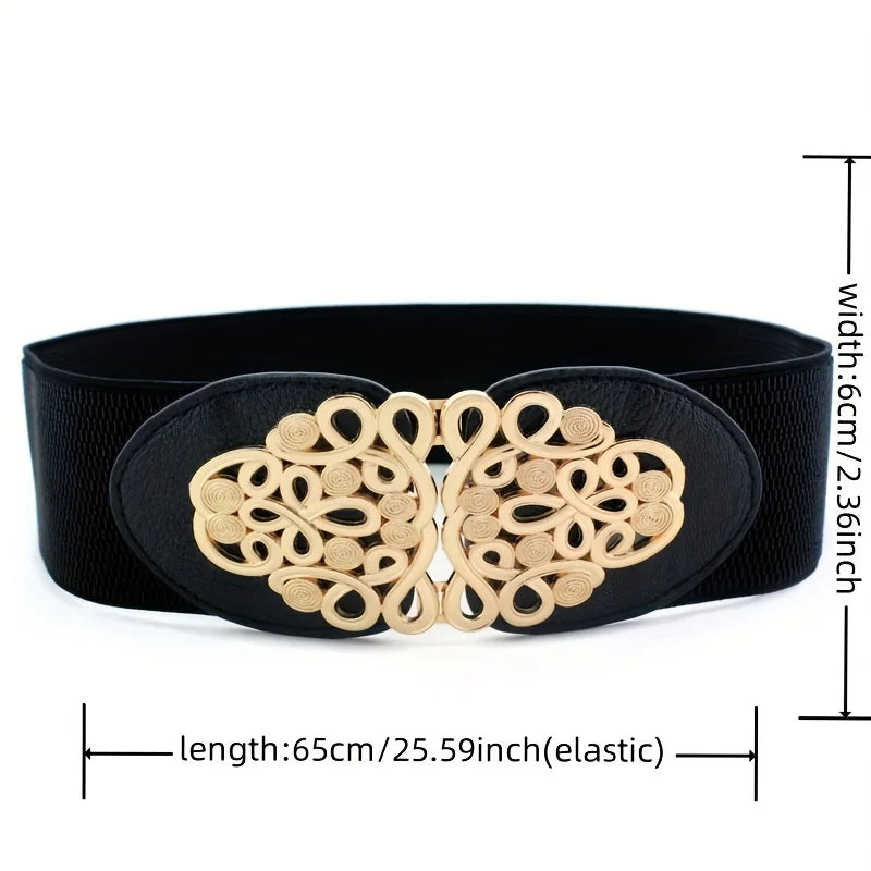 Vintage Buckle Wide Elastic Belt Black Waistband Solid Color Decorative Belts Dress Girdle For Women