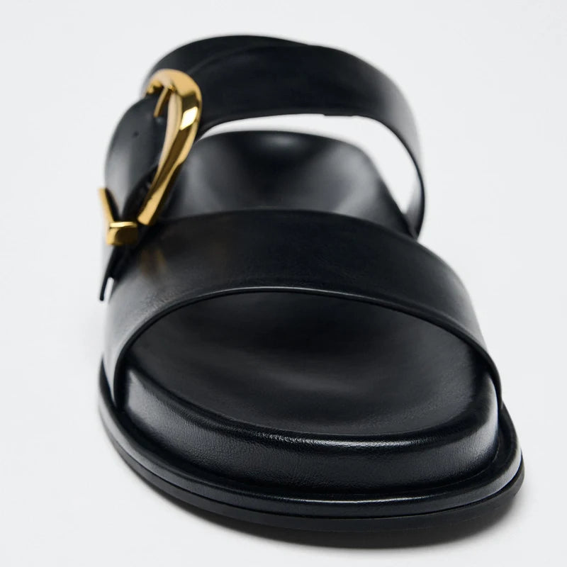 Summer New Women's Flat Bot Sandals Bla with Bule Detail Casual Thi Heel Metal Bule Slippers Faionable Casual oes