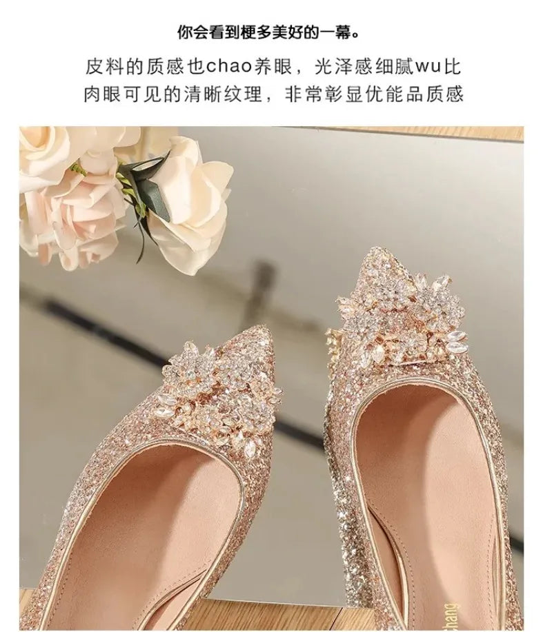 Womens High Heel Shoes Fad Elegant Crystal Pointed Toe Pumps Retro Shallow Mouth Banquet Party Wedding Women Shoes Zapatos Mujer