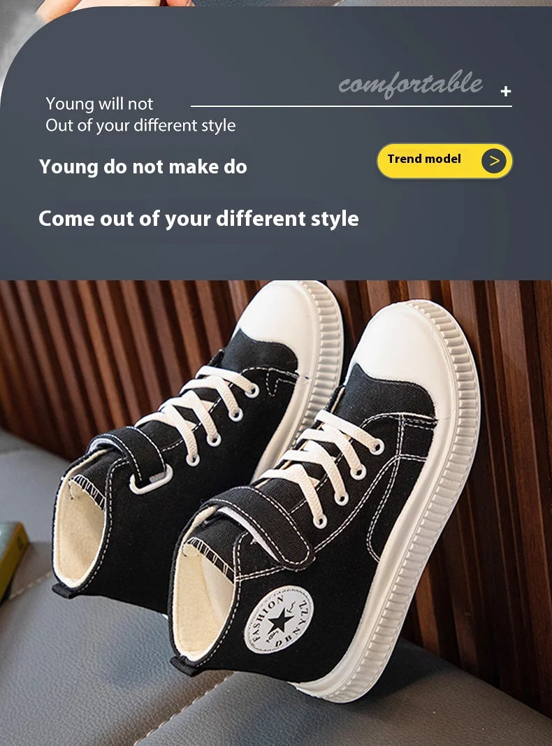 2025 New Children's High-Top Canvas Shoes Boys and Girls Ins Tide Soft Bottom Sneakers with Breathable Casual Board Shoes