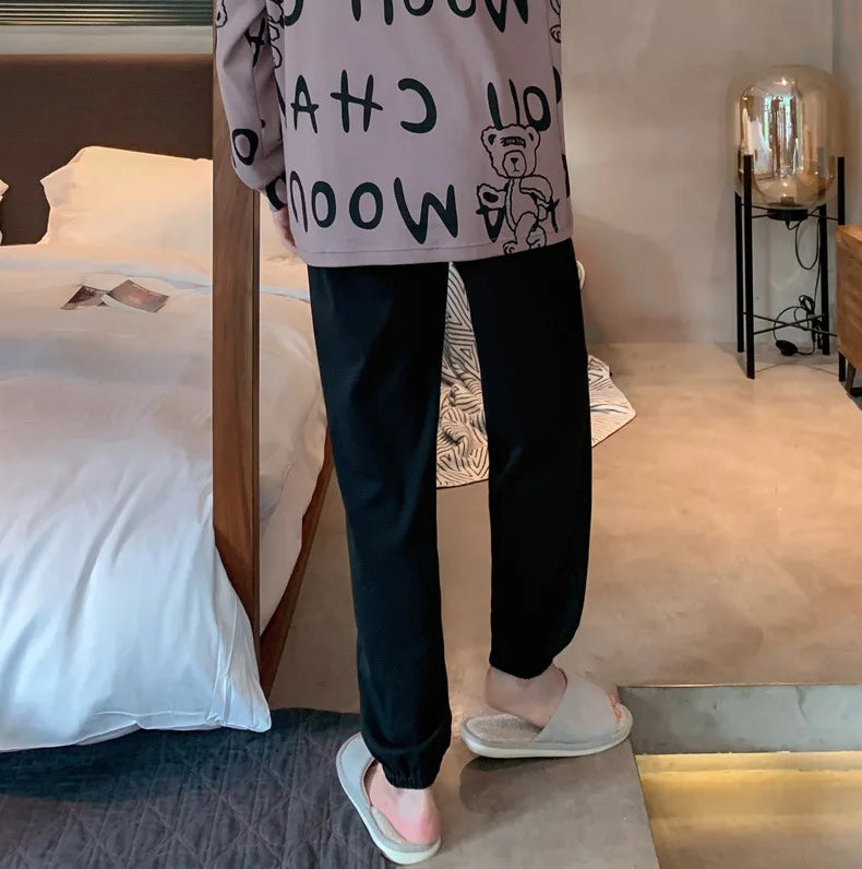 Plus Size Men Pajamas Autumn Winter Long-Sleeved Loose Leisure Cartoon Bear Striped 2PCS/Set Black O-Neck Soft Casual Loungewear