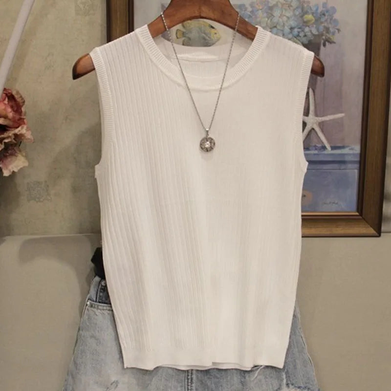 1pcs Summer New Fashion Knitted Vests O-neck Sleeveless Casual Thin Tops