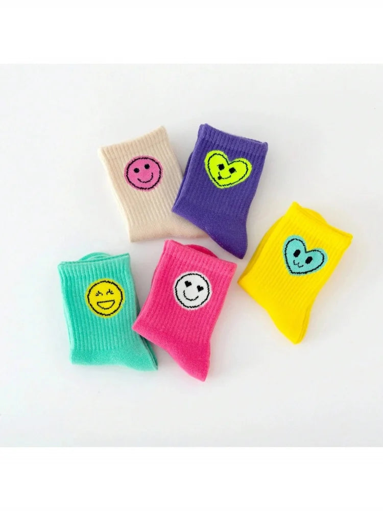 5 Pairs of Four Seasons Children's Socks New Sports Smiling Face Expression Boys and Girls Mid-calf High Socks