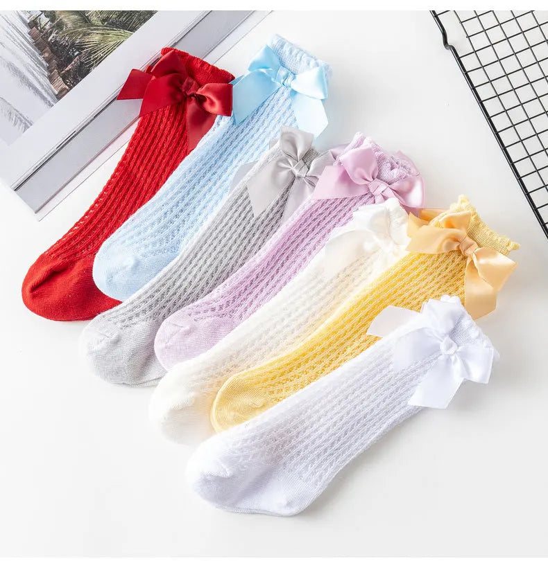 Simmer Spring Mesh Thin Cotton Korean Bow White Stockings Baby Princess Knee High Long Socks with Lace Ruffles for Newborn Girls