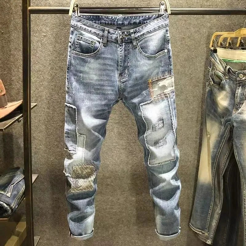 Autumn and Spring Printed Straight Leg Vintage Sports Denim Pants for Men Casual Comfortable High Quality Elastic Denim Pants