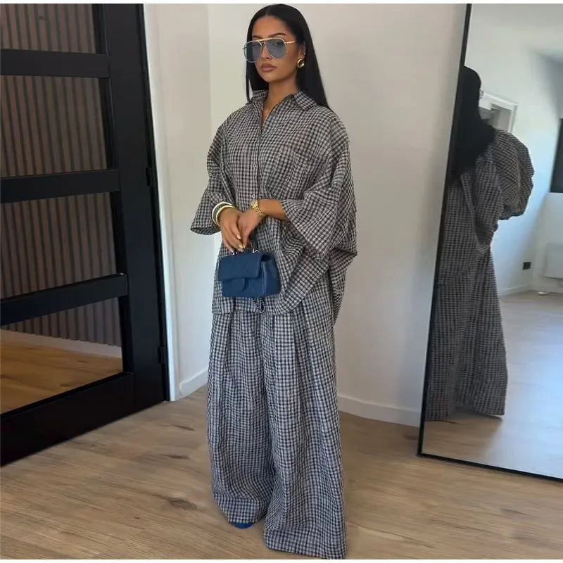 Casual Women's Pants Set Turn-down Collar Shirt Loose Bottom Female Plaid Printing Sets 2026 Summer Fashion Commute Lady Suit