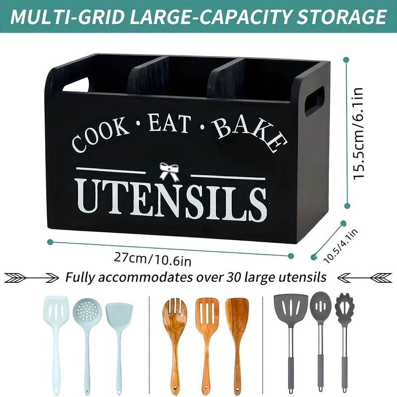 1pc Kitchen With Compartmentalized Cutlery Storage Rack, Rustic Style Wooden Countertop Organizer, Kitchenware Accessories