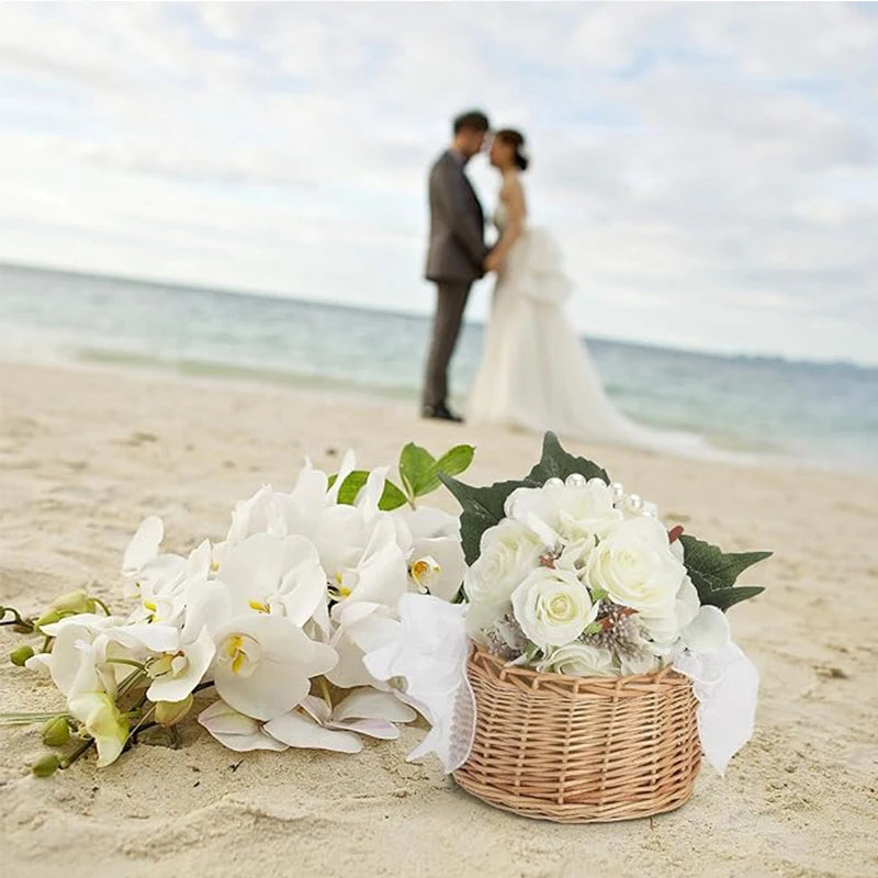 One wicker rattan flower child Basket with Pearl handle and bow Hand woven Easter basket Wicker basket for Weddings (brown)
