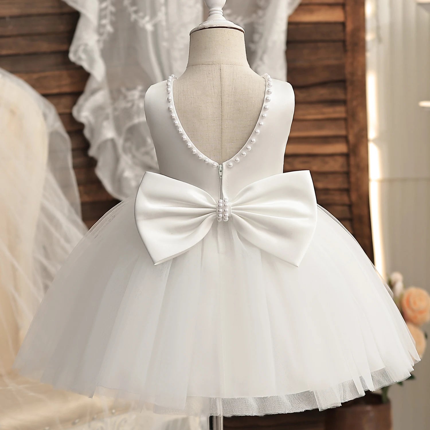 Flower Girl Dresses for Wedding Kids Backless Tulle Tutu  Princess Prom Party Clothes Baby 1st Birthday Baptism White Dress