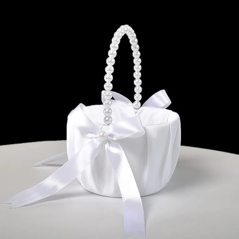 Wedding White Satin Bow Flower basket Flower Carrying basket with pearl handle suitable for bridesmaids and flower girls