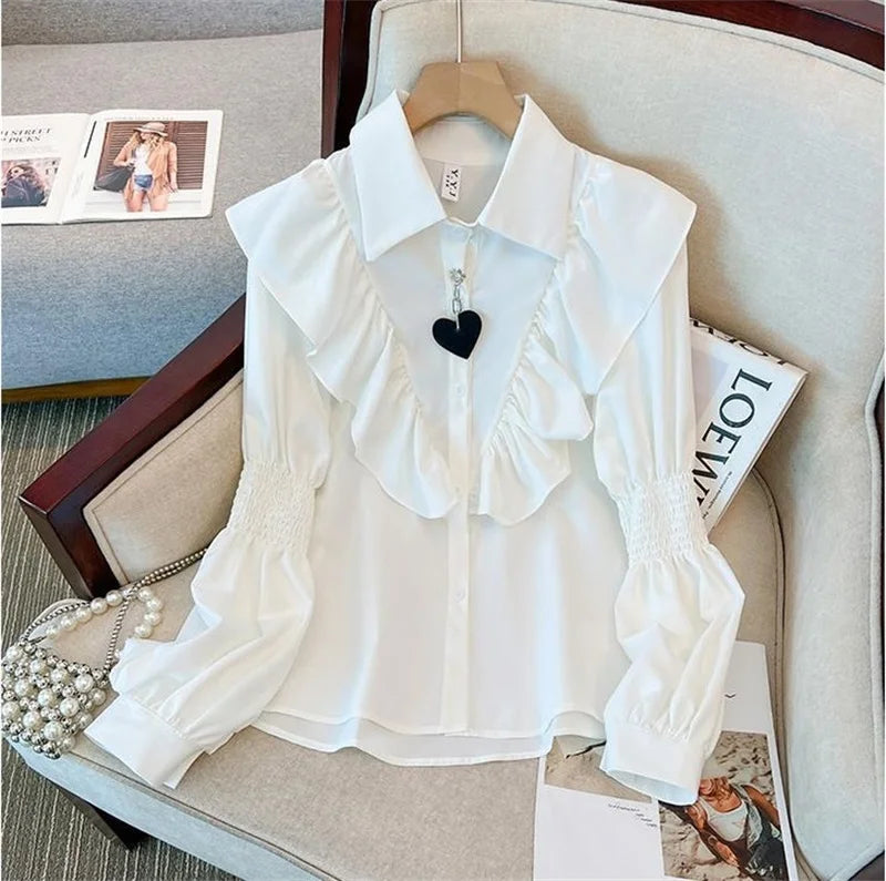 Ruffled Long Sleeved Shirt 2025 New Summer Autumn Chiffon Shirt Women's Blouse Lantern Sleeve Shirt Korean Popular Clothes ﻿