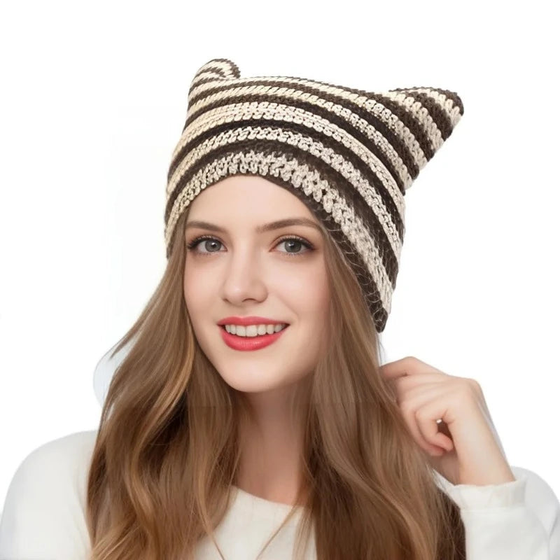 New Japanese Streetwear Harajuku Beanie Little Devil Striped Knitted Hat Women Girls Autumn Winter Cute Cat Ears Cap