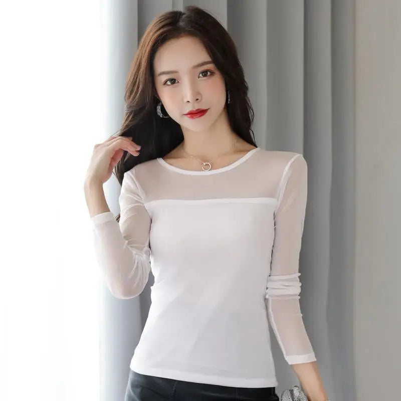 Mesh Bottoming Shirt for Women Long-sleeved T-shirt Autumn Winter New Korean Style Round Neck Slim Shirt with Tight Top Inside