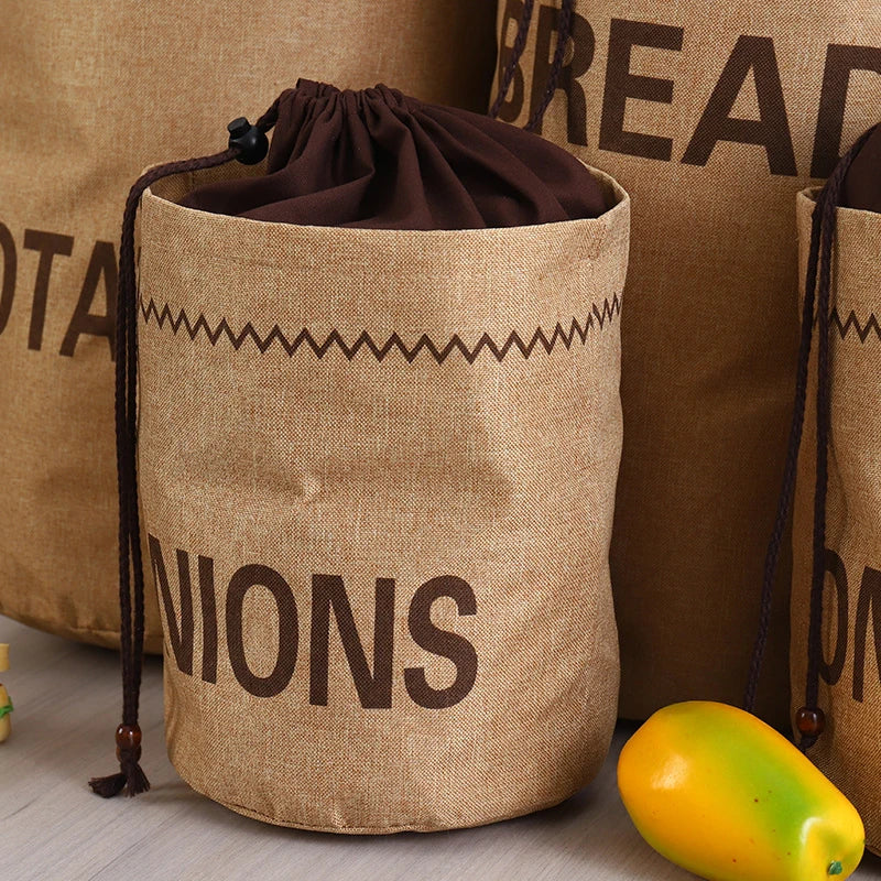 Kitchen Hessian Storage Bag for Garlic,Onions,Potato,Vegetable,Bread,Drawstring Sack,Fabric Burlap Bags Jute Potatoes Organizer