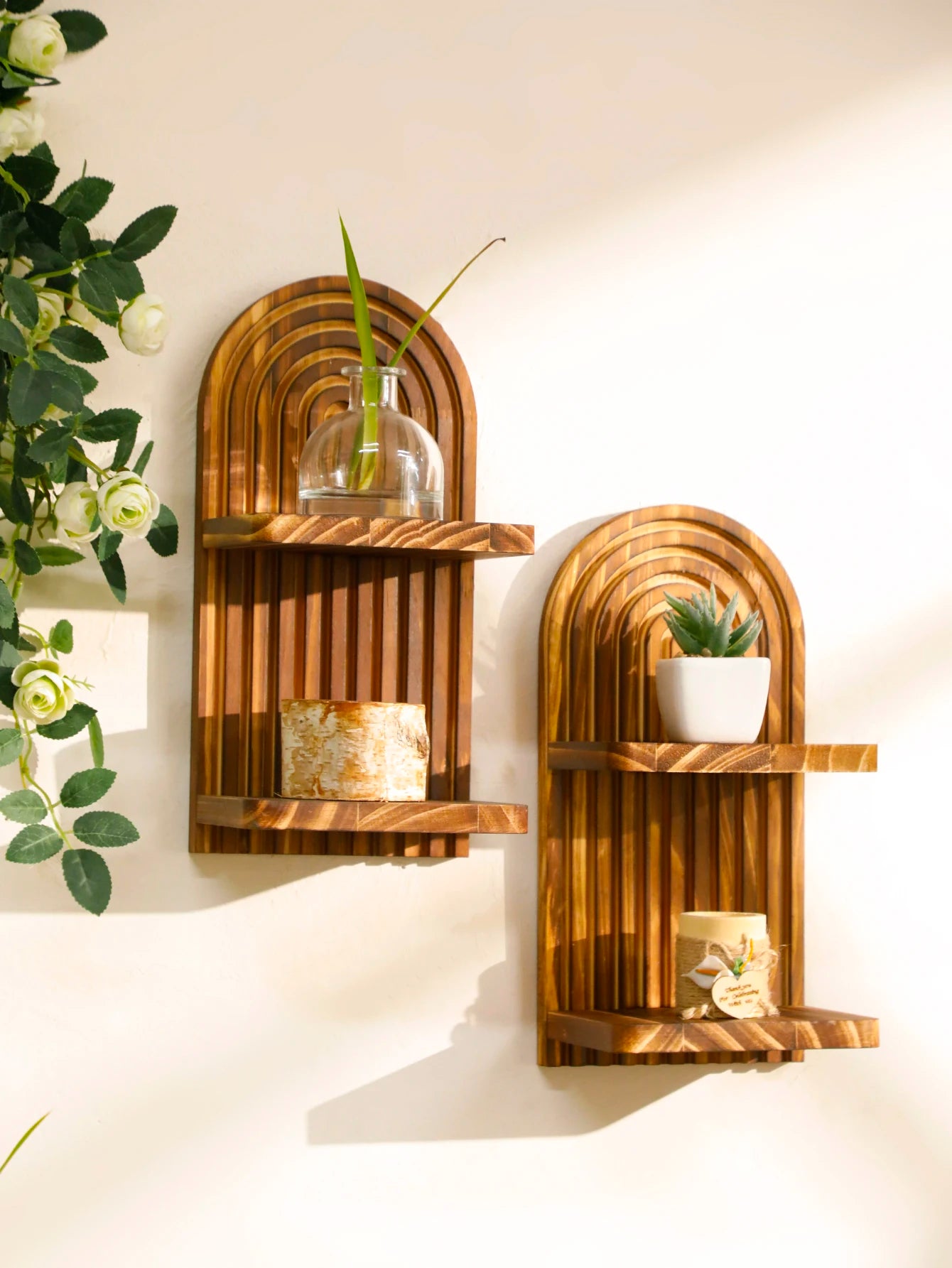 1Pc Boho Style Wooden Wall Shelves - Geometric Wall Mounted Shelves, Natural Wood Finish, Modern Home Decor, Plant Decorative