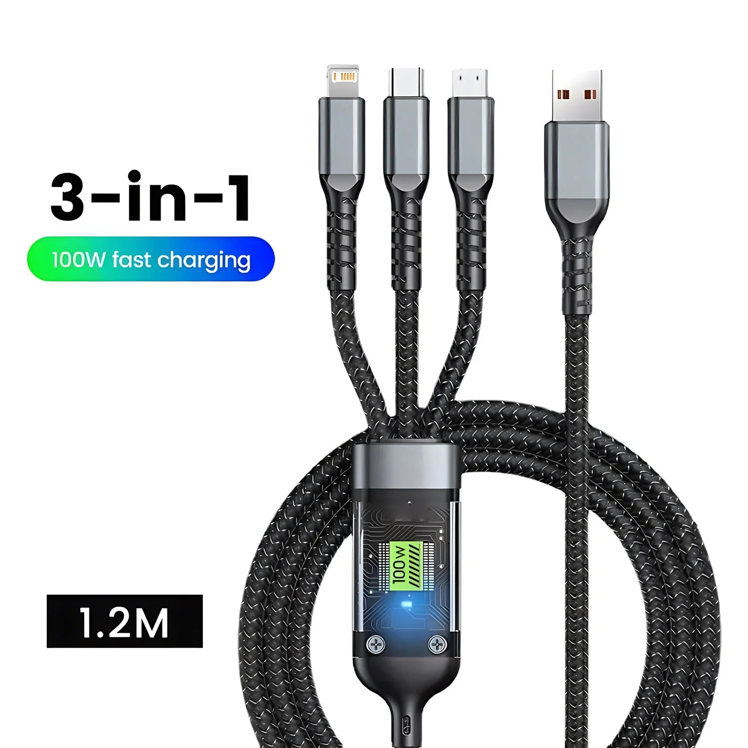 3 in 1 100W USB A Cable Fast Charging Micro USB Data Cord Phone Charger Quick Charge Cable For iPhone Samsung Xiaomi Huawei