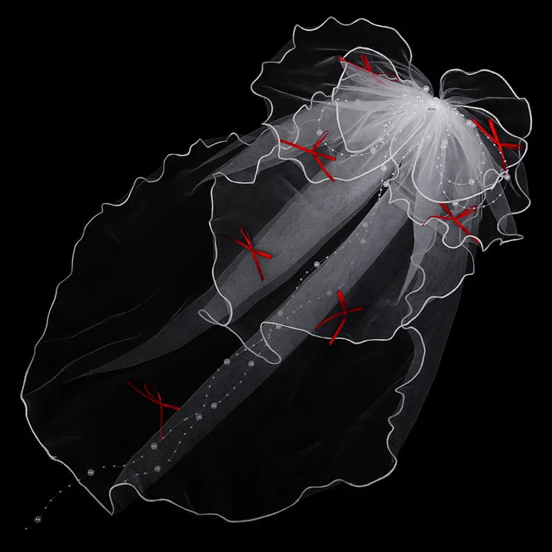 Double Layer Mesh Tulle Solid Color Women Short Wedding Veil with Clip Ribbon Edge Center Cascade Bride Headpiece Party