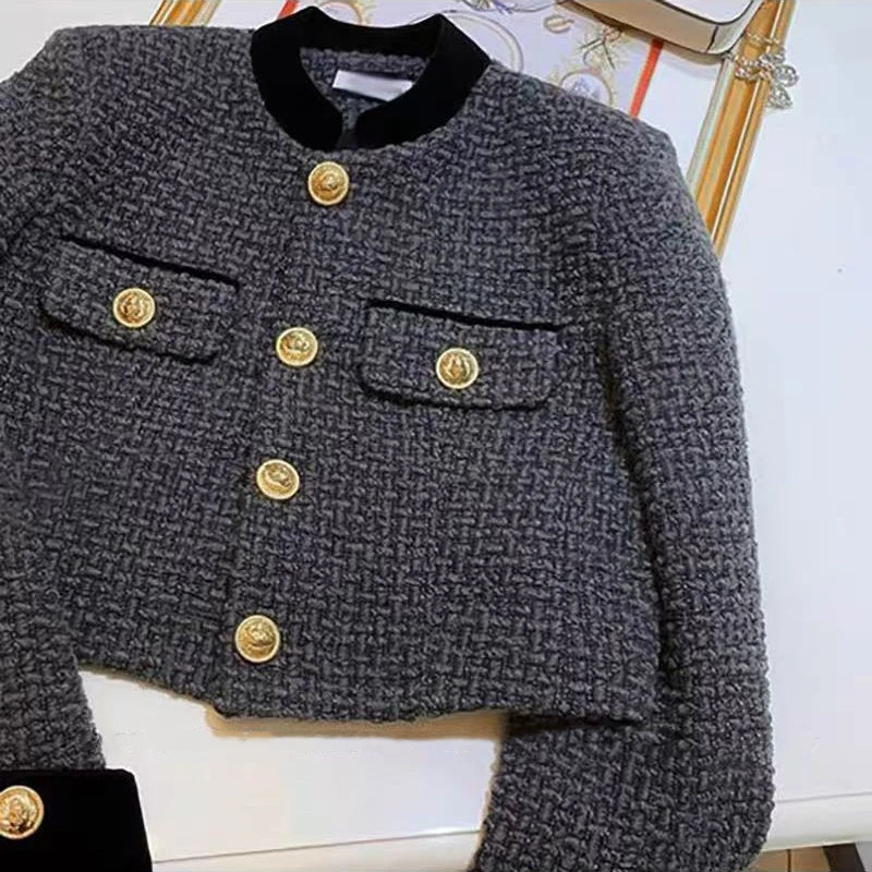 Fashion Stitching Tweed Short Jacket Women Autumn Winter Elegant Office Lady Coat Y2K Korean O Neck Single Breasted Crop Outwear