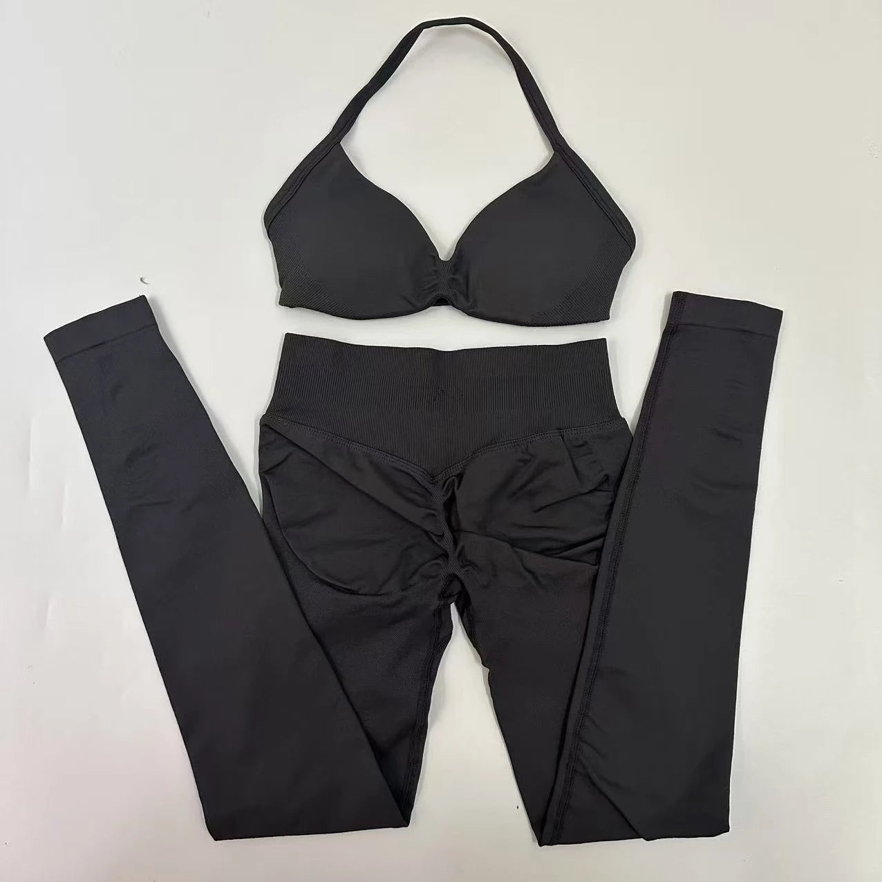 Seamlessyoga Set Women Workout Scrunch Leggings Set Strappy Halter Sports Bra Fitness Gym Clothing Workout Set 2 Pieces