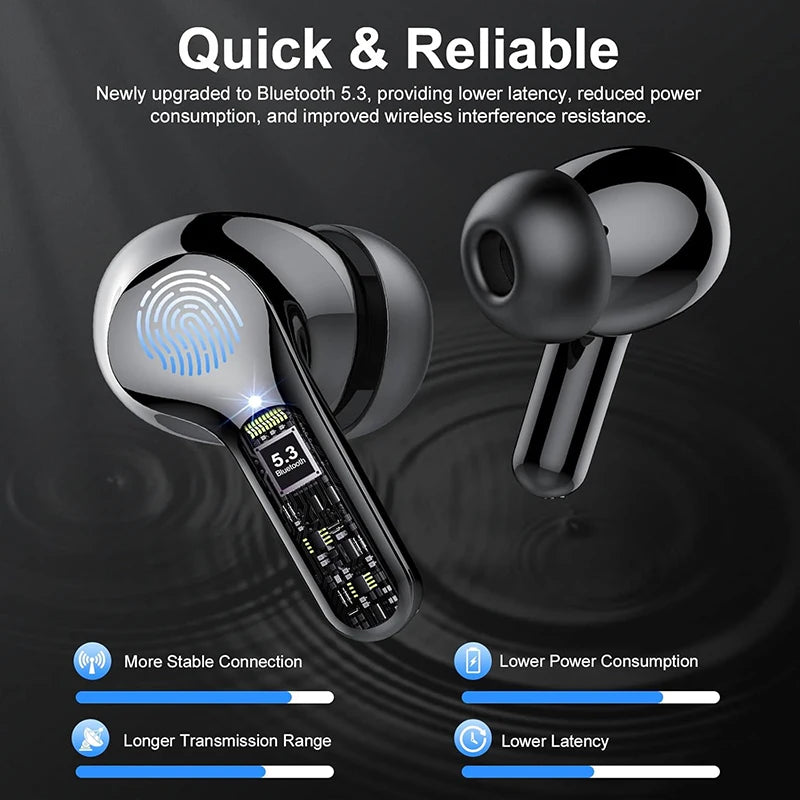 Wireless Ear Buds BT5.4 with LED Display IP7 Earphones HiFi Stereo Earbuds ENC Noise Cancelling Headphones with 48H Play Time