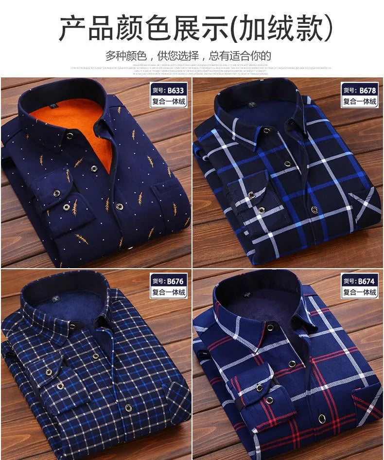 2025 Men's Winter Warm Long Sleeve Plaid Shirts Flannel Fur Lined Thick Formal Shirts Fleece Casual Shirt for Men Dress Shirts