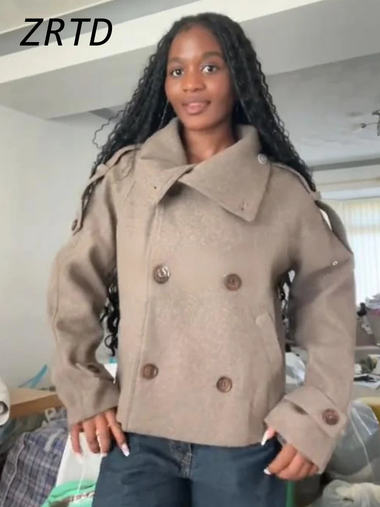 Elegant Women's Short Woolen Coats Stand Collar Double Breasted Long Sleeve Female Jacket 2025 Autumn Winter Lady Warm Outwear