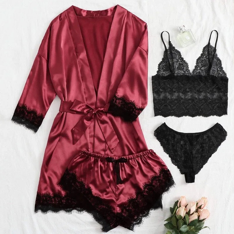 new Women's Sleep Lounge New Pajama Sets European American 4-piece set with lace satin suspender summer set for sleeping pajamas