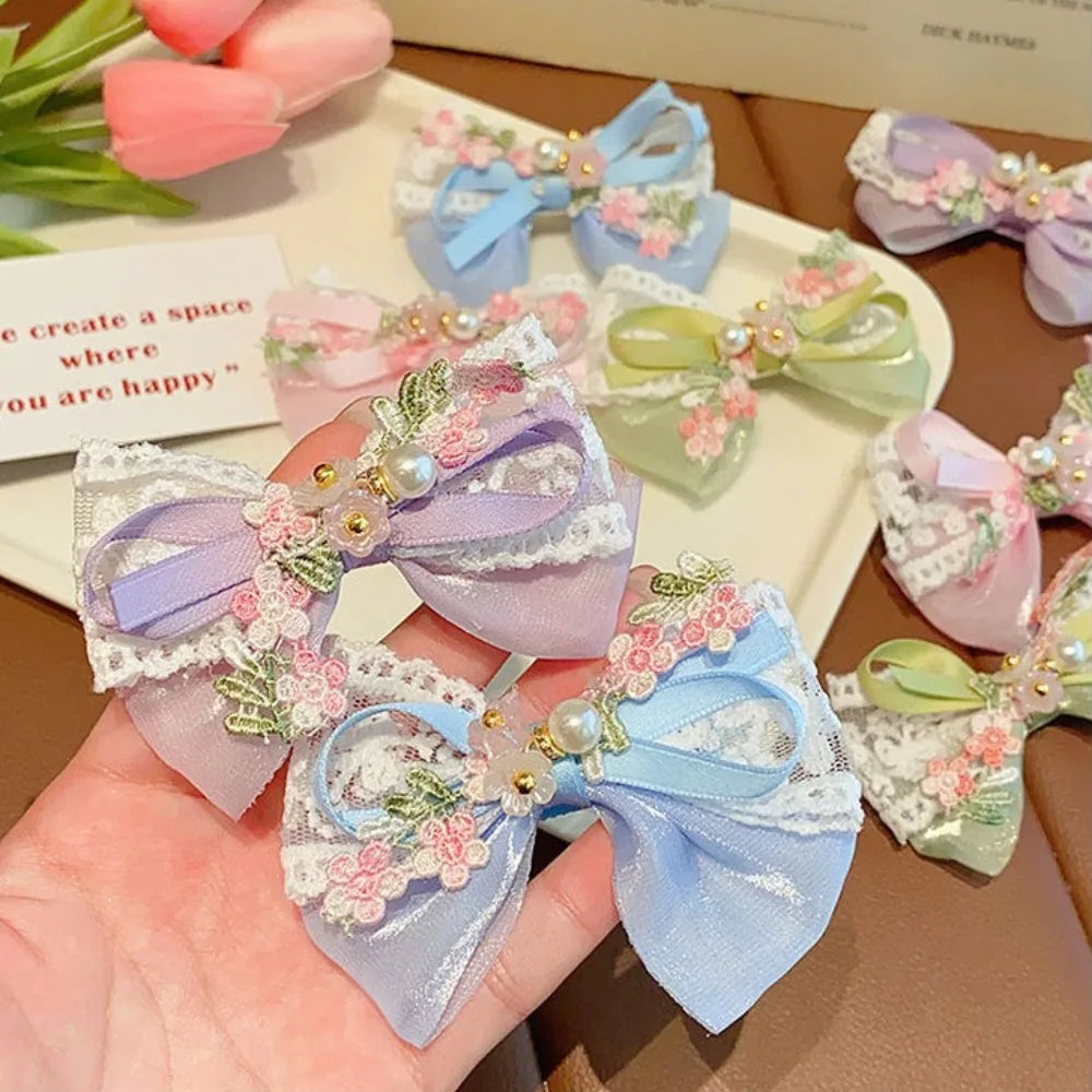 2pcs/Set Children Toddler Baby Girls Hair Bows Lace Pearl Cute Flower Floral Embroidery Lace Hair Clips Kid Hair Accessories