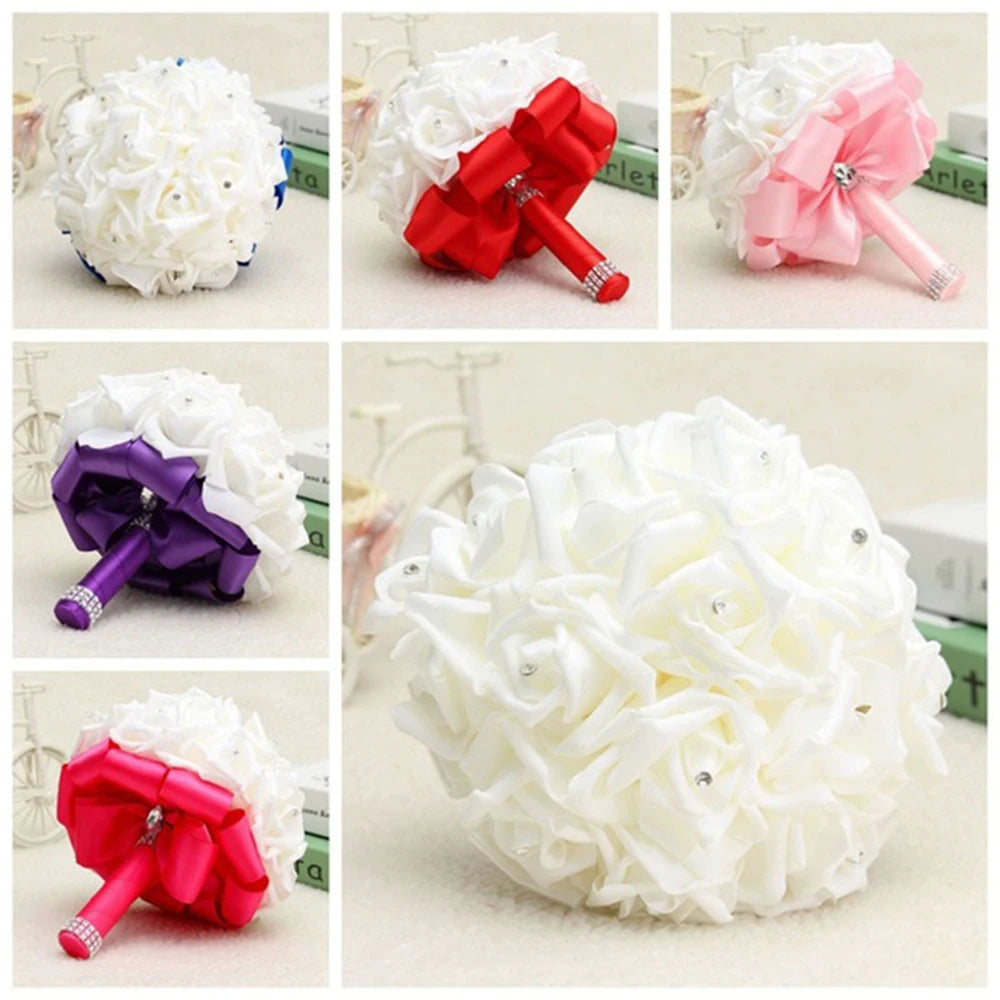 Bridal Bridesmaid Bouquet Artificial Holding Flowers Rhinestone Ribbons Wedding Party Church Home Christmas Table Bedroom Decor