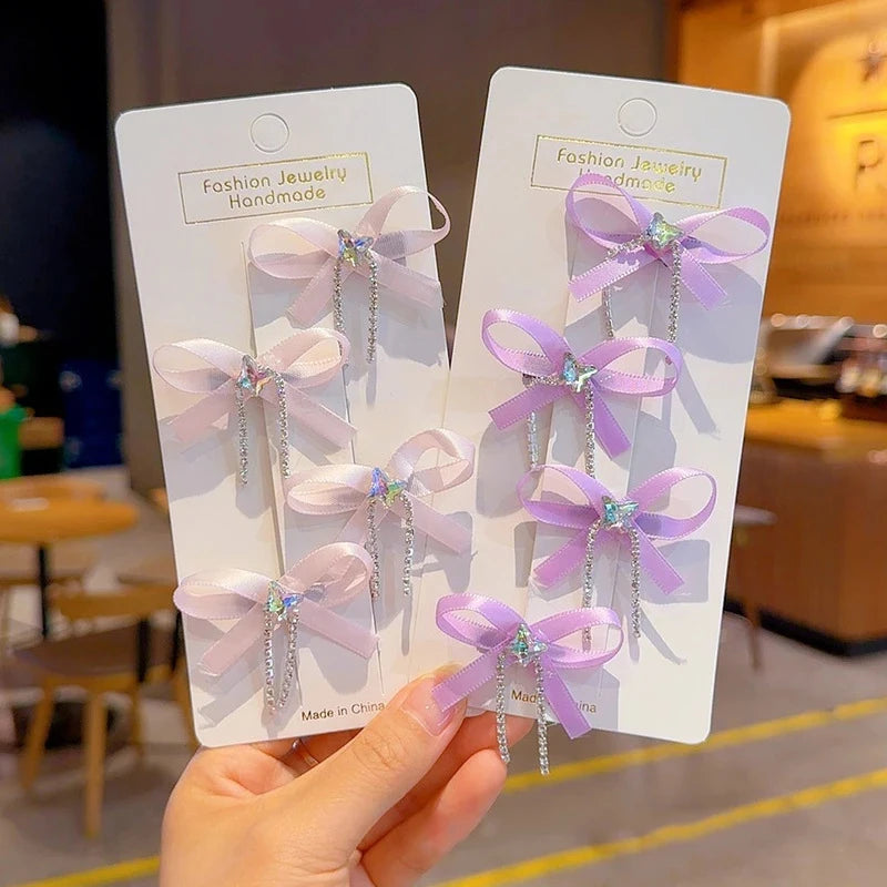 4PCS/Set Shiny Rhinestone Chains Bow Hair Clips New Sweet Girl Tassel Sided Clips Korean Barrettes Kids Headwear Hair Accessory