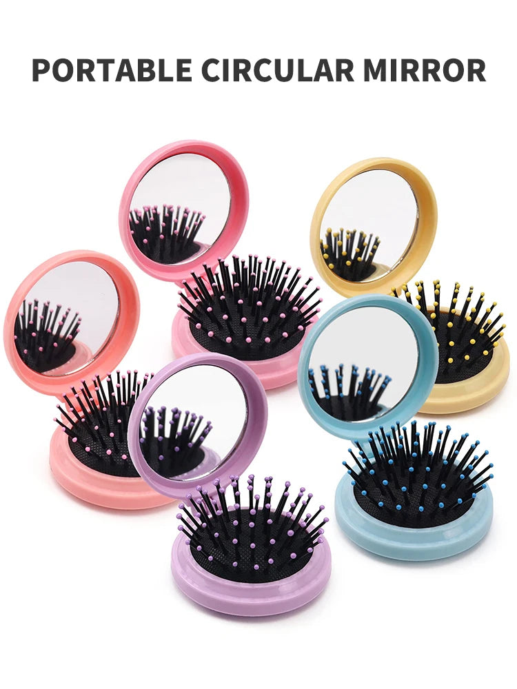 Portable Circular Pocket Comb with Mirror, Hair Styling, Folding Mirror Comb, Plastic Air Cushion Massage Comb, Flip Type Foldin